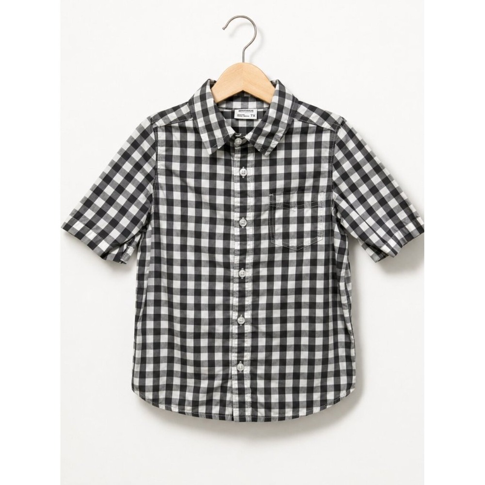 Sonoma Boys Gray White Gingham Button Down Shirt Short Sleeve Size 7X‎
